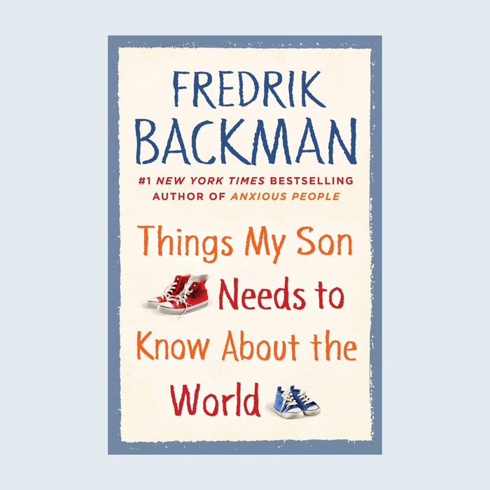 Book cover displays colorful text and small shoes, framed with blue border. Title: 