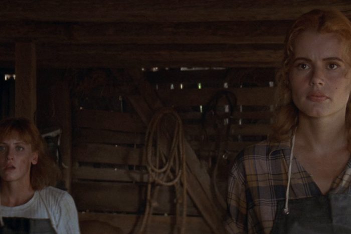 Two women stand in a dimly lit wooden barn; one wears a plaid shirt and apron. Ropes hang in the background.
