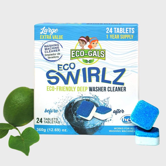 Box displays washer cleaner tablets; blue squares on packaging. Text: 