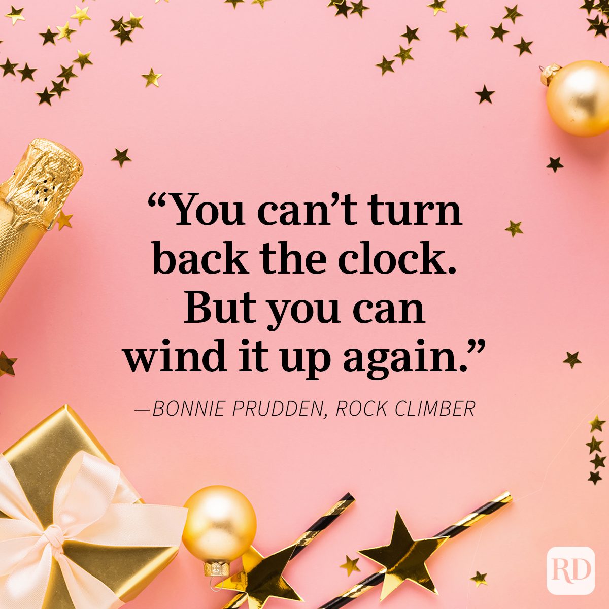 New Year's Quotes on confetti, sequin and champagne bottle background pink