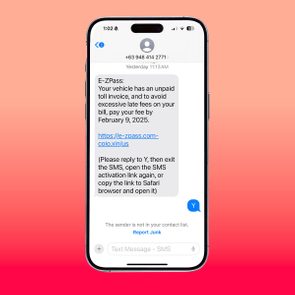 iPhone containing an EZ-pass toll scam text on a red background
