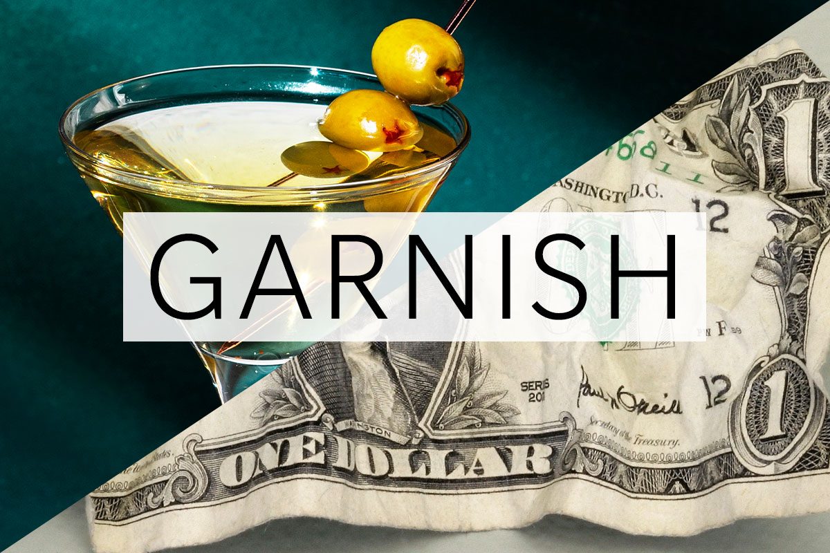 split screen of two meanings of the word garnish with the word over the middle