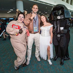 Cosplayers Marina Ybarra-Valdivia as Barf, Joel Bingham as Lonestar, Allison Bingham as Princess Vespa, and Kenny Valdivia as Dark Helmet from "Spaceballs" pose at 2019 Comic-Con International